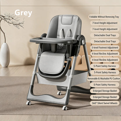 Gray high chair with features listed on a beige background
