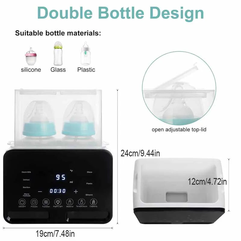 Baby bottle warmer with double bottle design, material options, and dimensions.