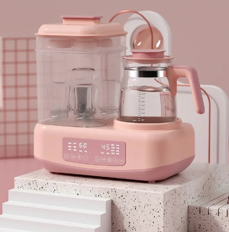 Pink and clear glass appliance on a white platform with a pink background