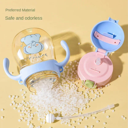 Two baby bottles with cartoon characters on a yellow background, one of which is spilling rice.