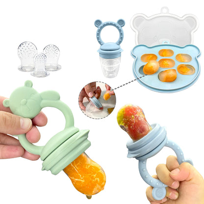 Baby teether with fruit and bear-shaped pacifier with fruit inside on a white background