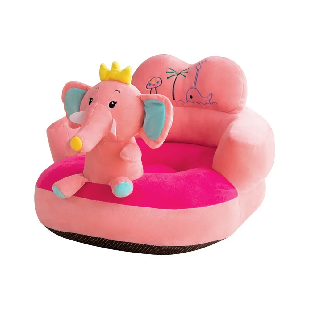 Pink elephant-shaped children's chair with a crown on a white background