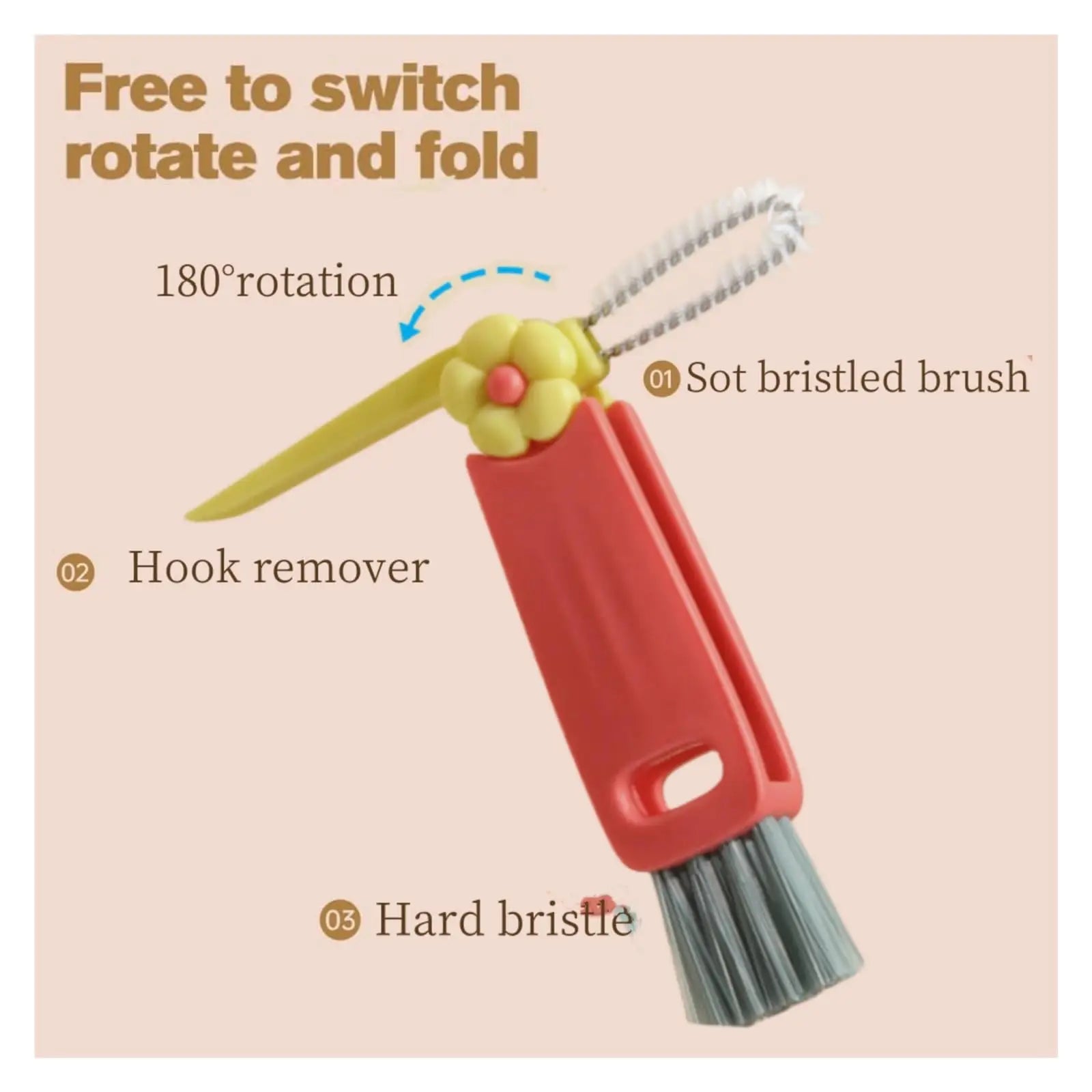 Multifunctional cleaning brush with different bristle types on a beige background