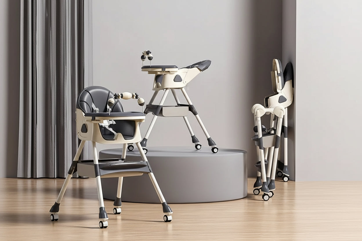 Multi-functional baby high chair with various features highlighted on a wooden floor.