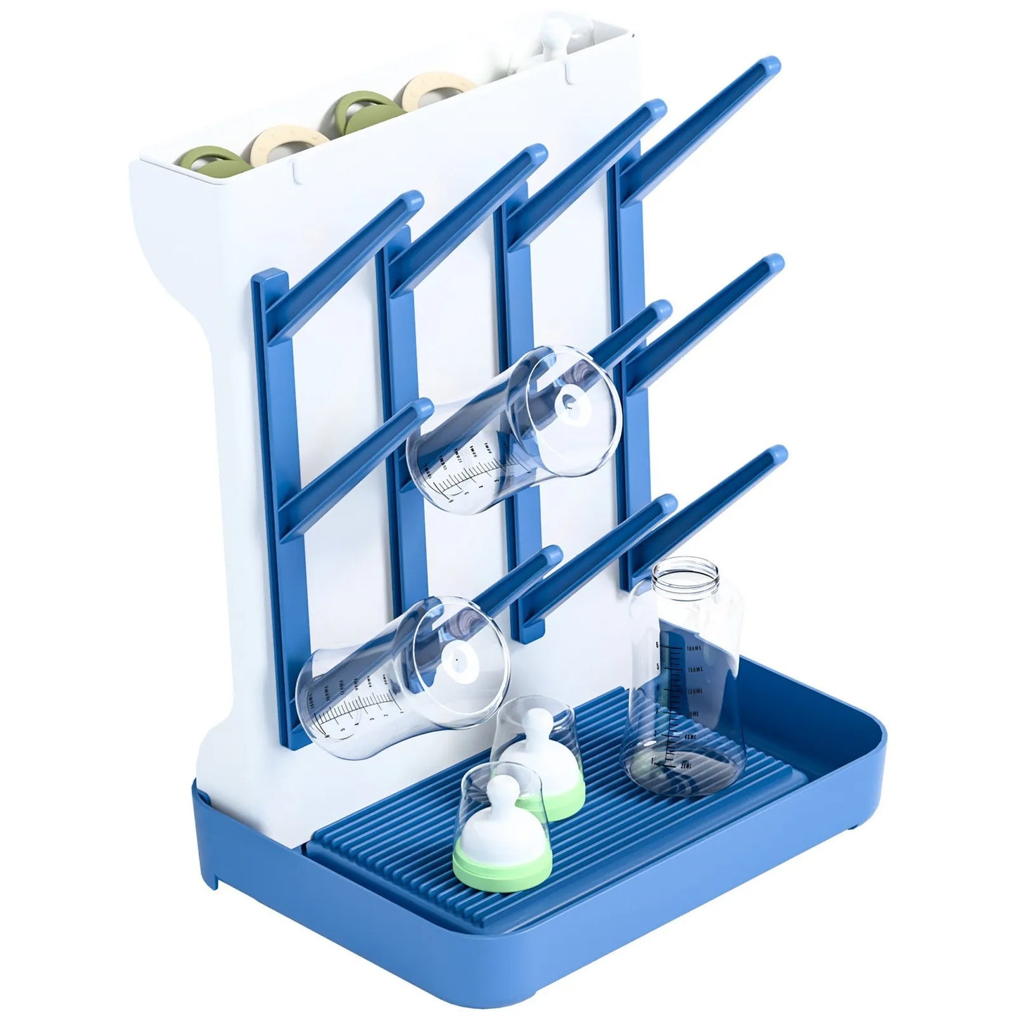 Blue and white dish drying rack with glasses and bottles on a white background