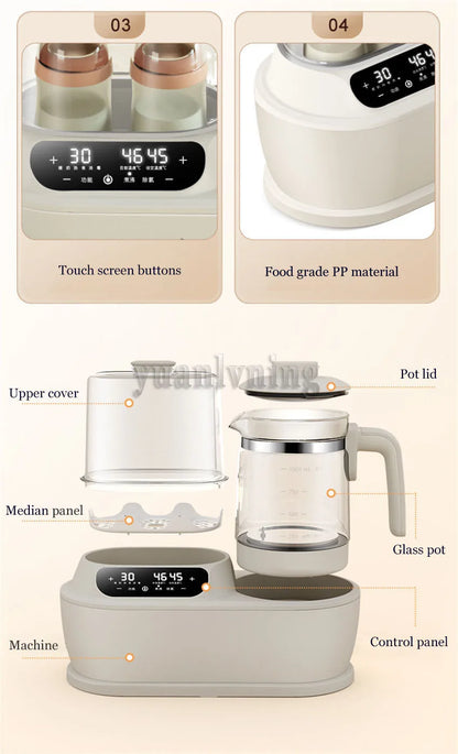 Diagram of a tea-making device with labeled parts on a beige background