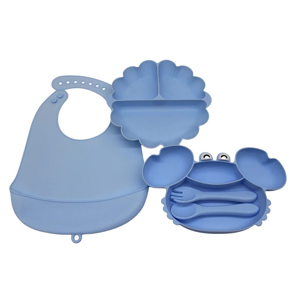 Baby Weaning Set - Pumpkin Divided Plate, Suction Bowl & Bib | Self-Feeding Tableware