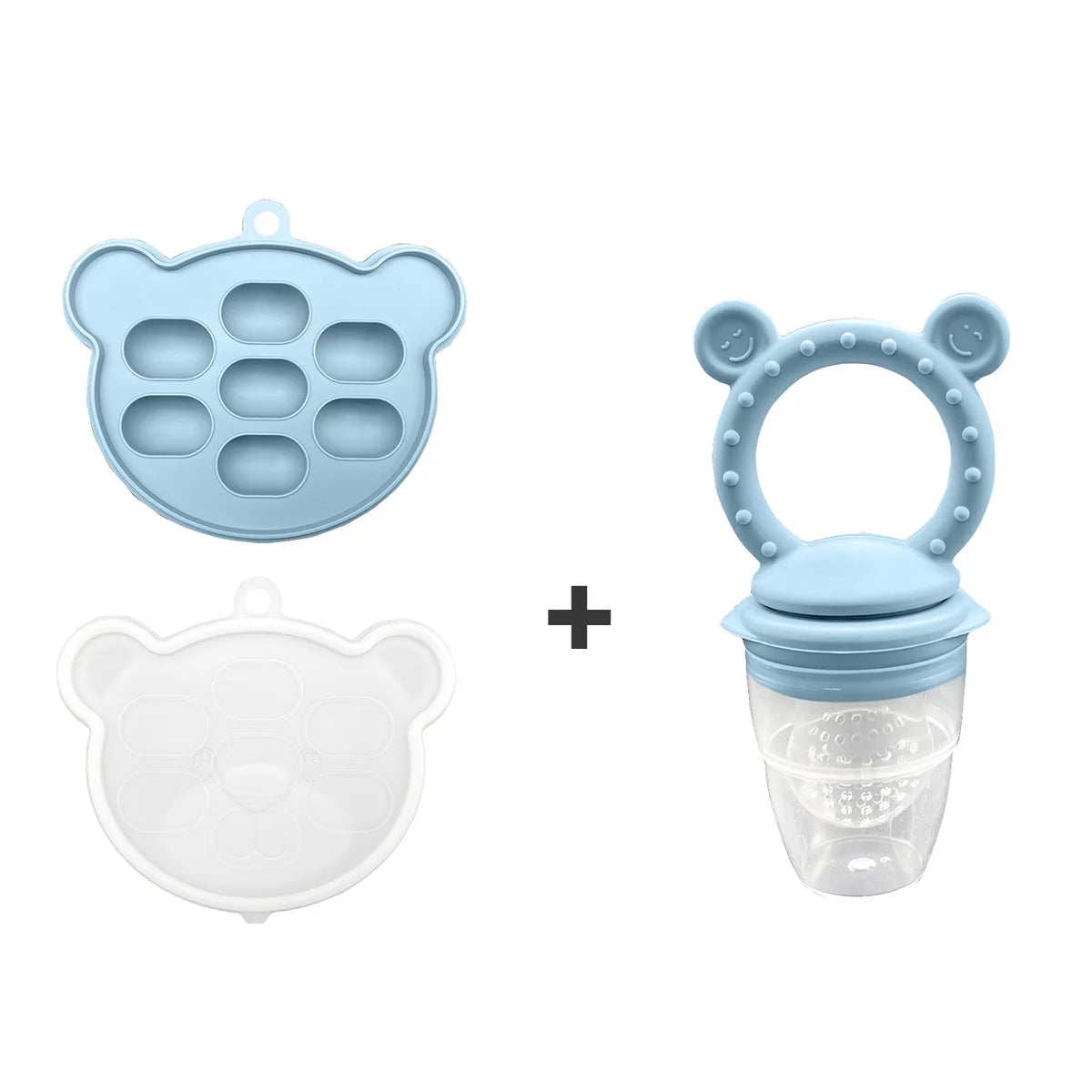 Set of blue silicone baby products including a mold and a feeder on a white background