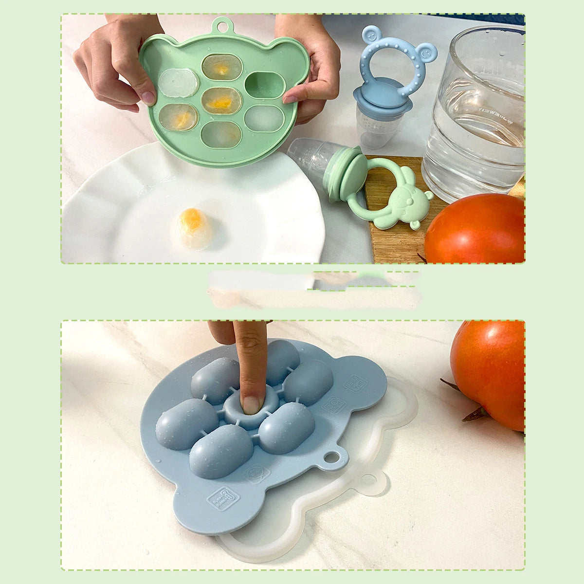 Two silicone egg-shaped molds in green and blue on a light green background.