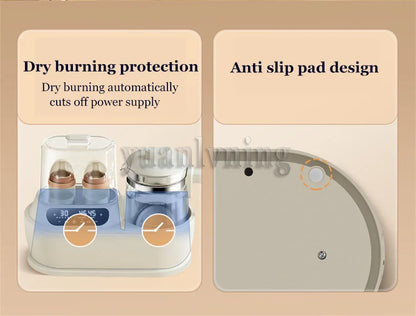 Product packaging with dry burning protection and anti-slip pad design features on a beige background.