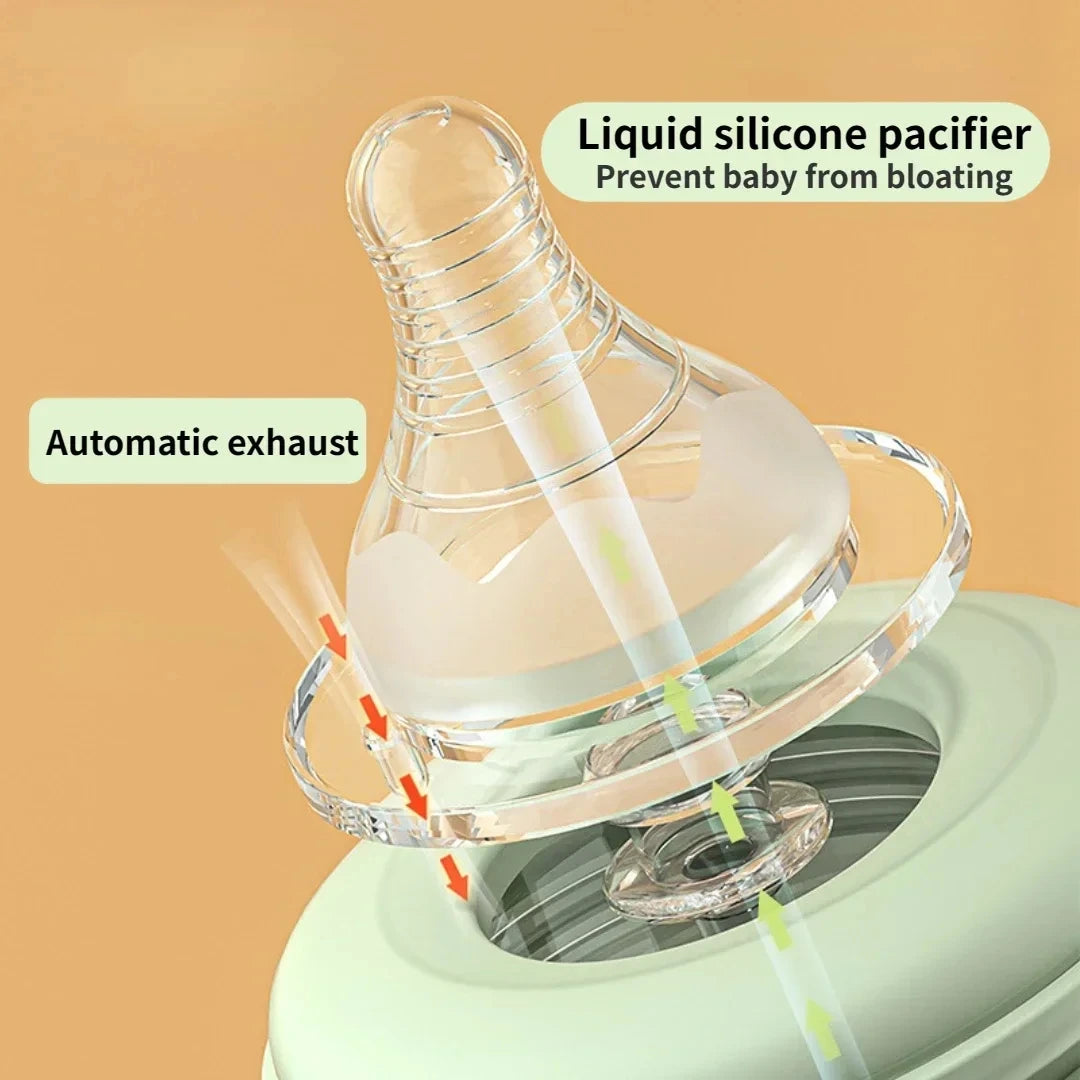 Liquid silicone pacifier with text on a beige background