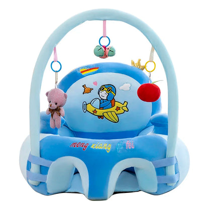 Children's activity center with toys and hanging items on a white background