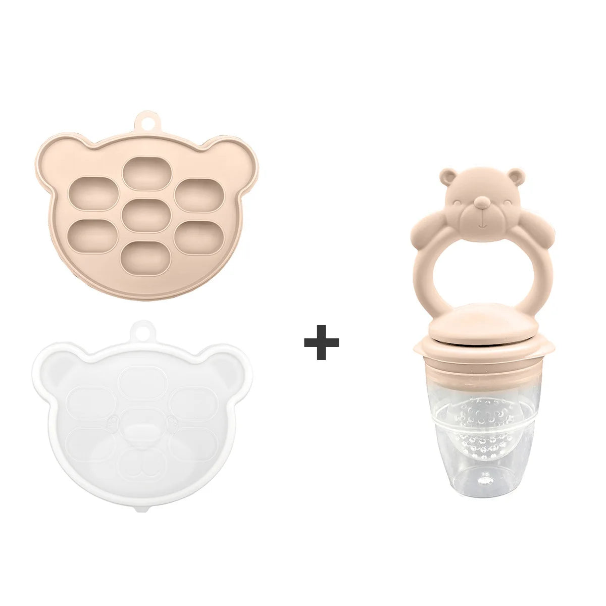 Set of bear-shaped silicone mold and baby teether on a white background