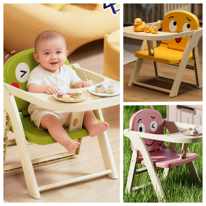 Collage of a child in a colorful high chair with different seat designs.