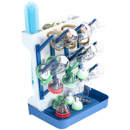 Bottle drying rack with bottles and accessories on a white background