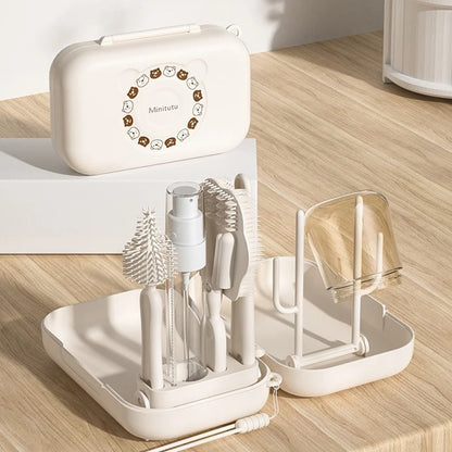 White dental care product set with case on a wooden surface