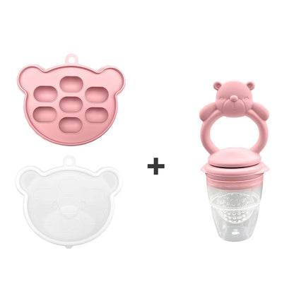Set of pink silicone bear-shaped items including a mold, a lid, and a container on a white background.