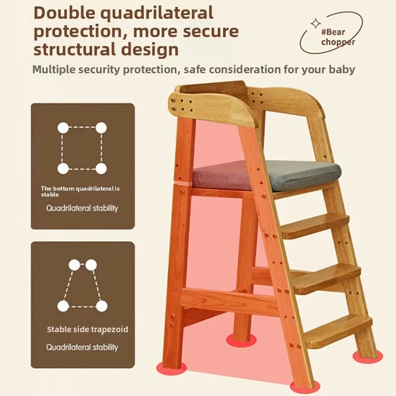 Wooden baby high chair with safety features and text on a beige background