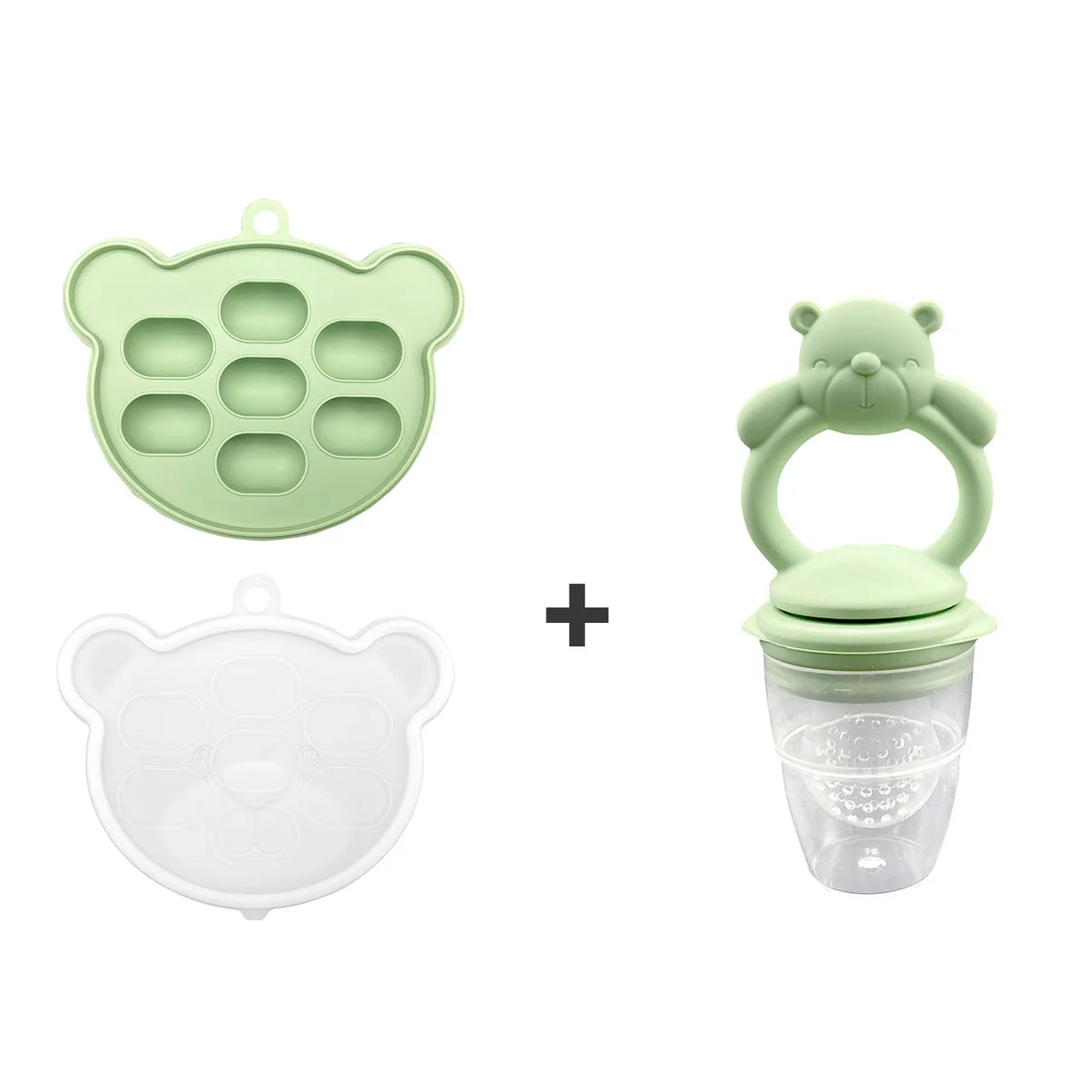 Set of green silicone bear-shaped items on a white background