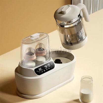 Baby bottle sterilizer with digital display on a beige surface, accompanied by a glass of milk.