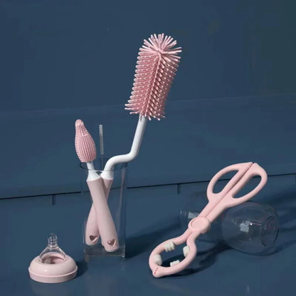 Pink and white bottle cleaning brush set with a bottle on a blue background