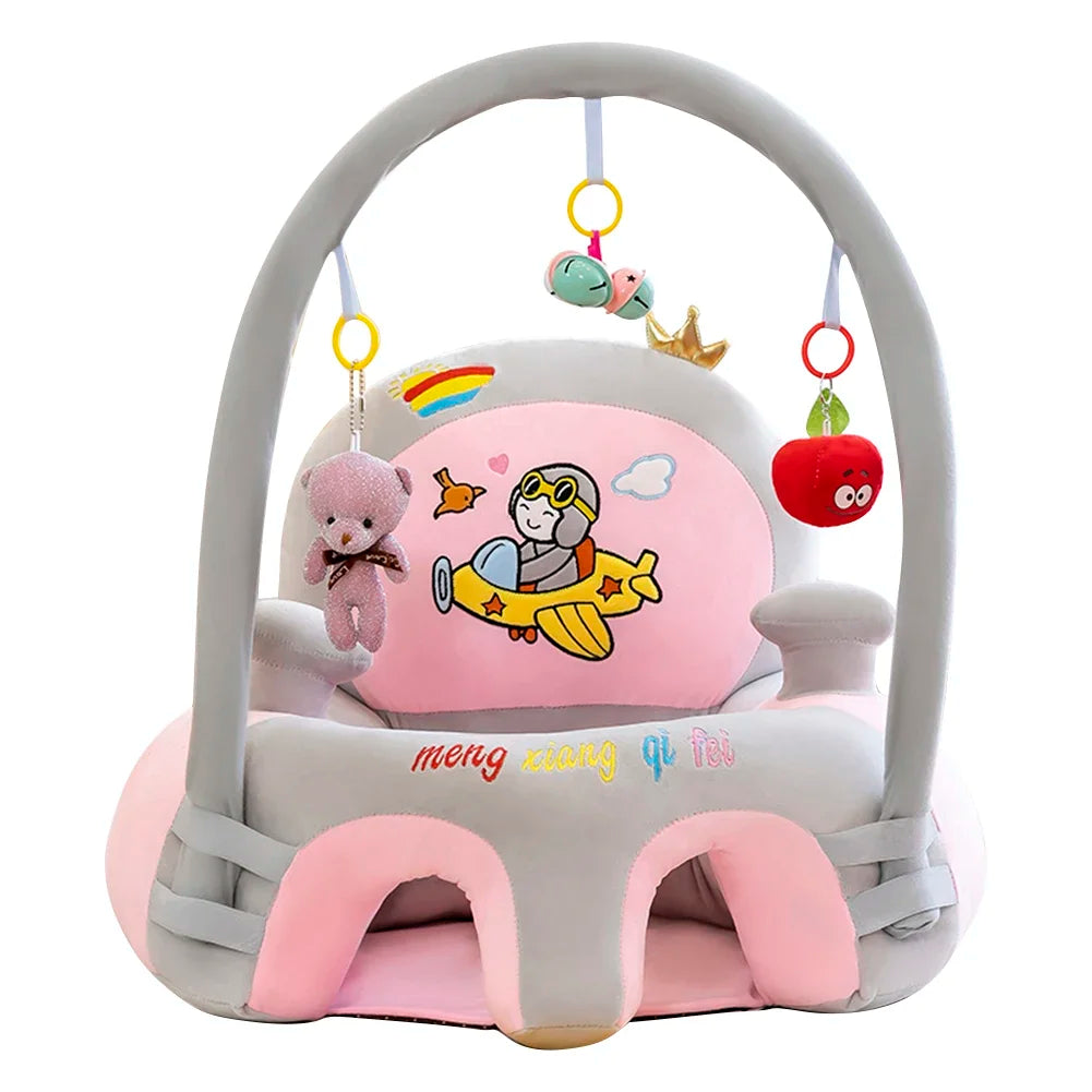 Pink and gray baby activity center with cartoon character and hanging toys on a white background