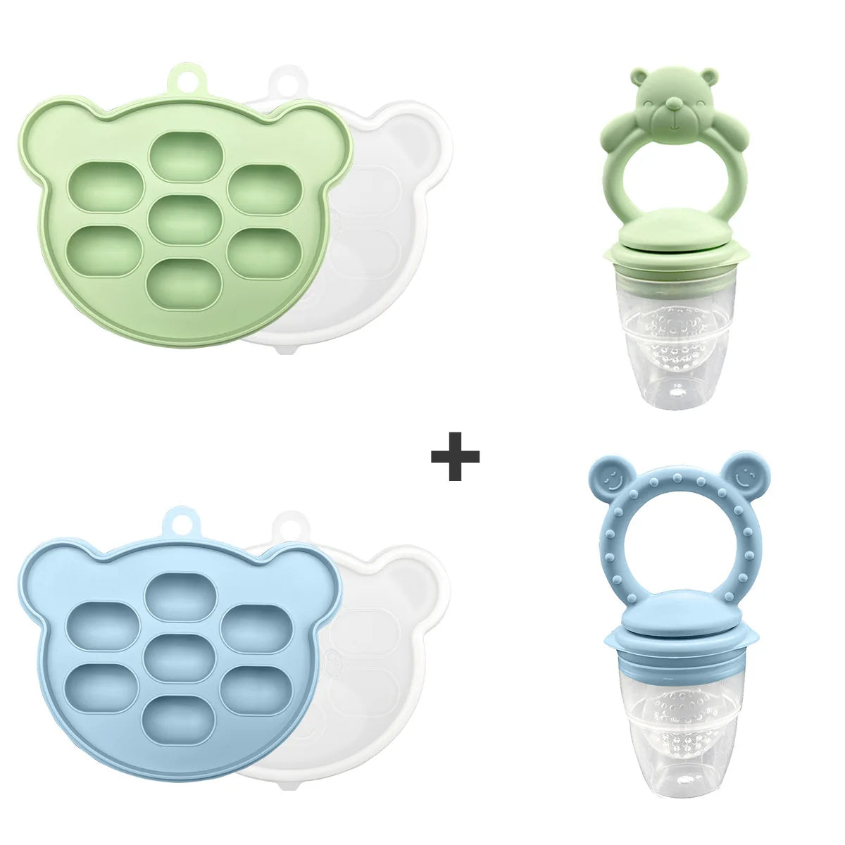 Two silicone bear-shaped molds with attached feeding bottles on a white background