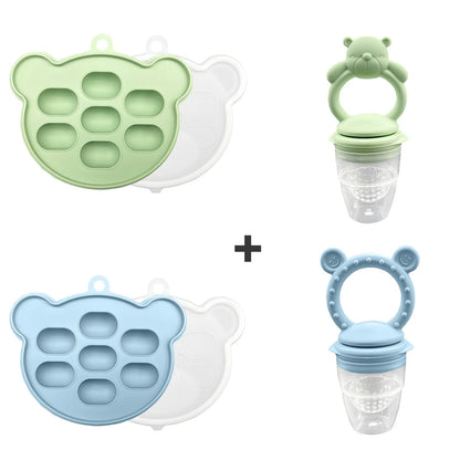 Two silicone bear-shaped molds with attached feeding bottles on a white background