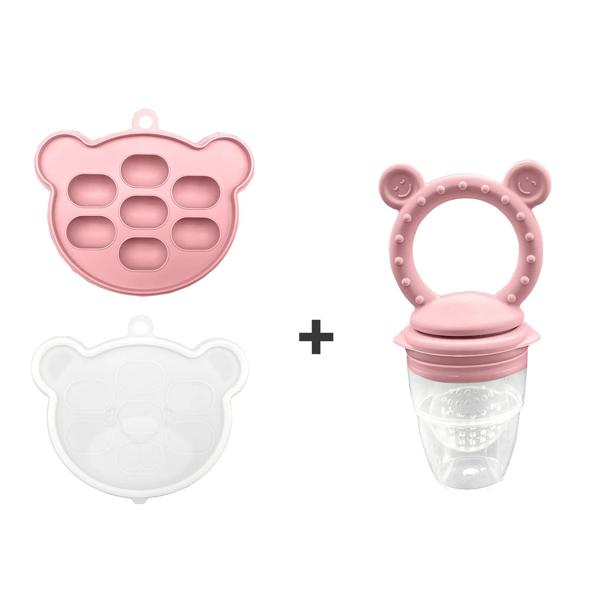 Pink silicone bear-shaped feeder and tray on a white background