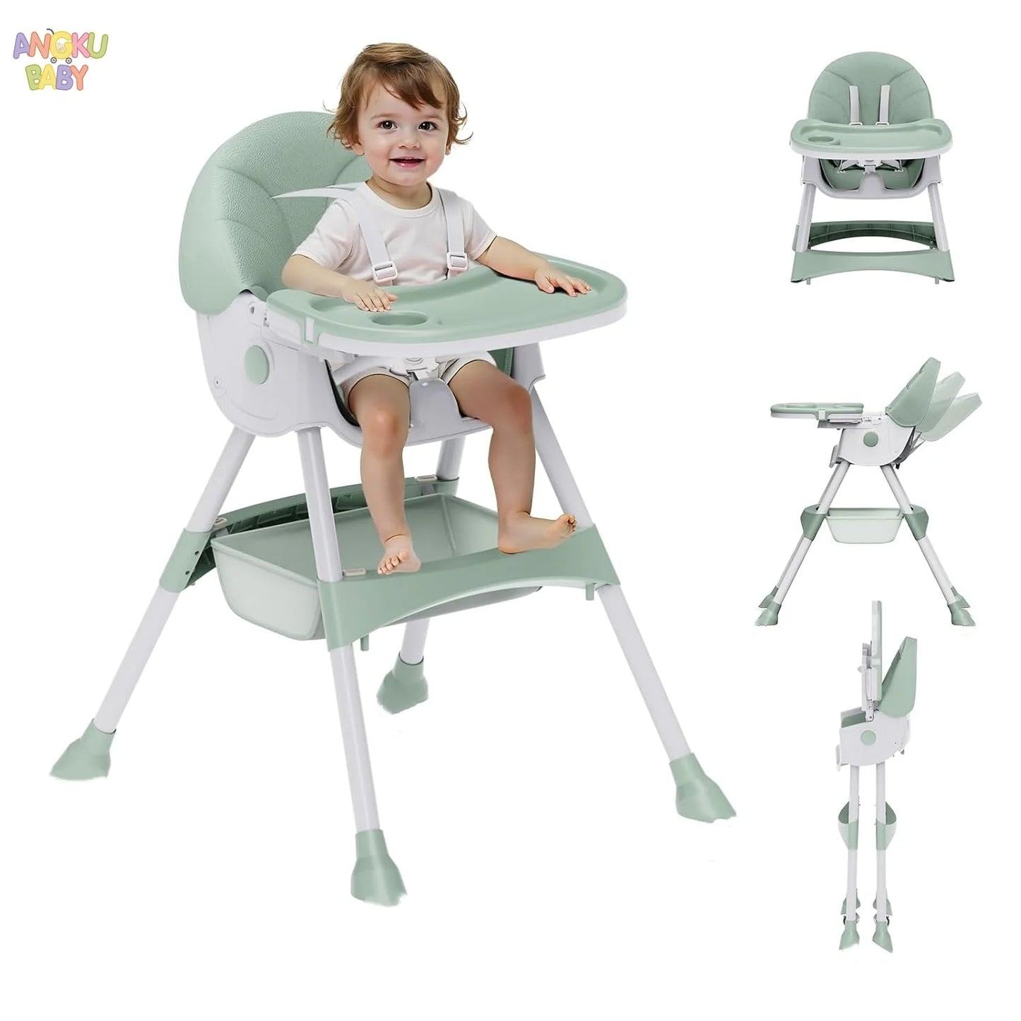 Green and white high chair with a child sitting in it, shown from multiple angles on a white background.
