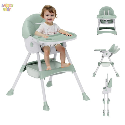 Green and white high chair with a child sitting in it, shown from multiple angles on a white background.
