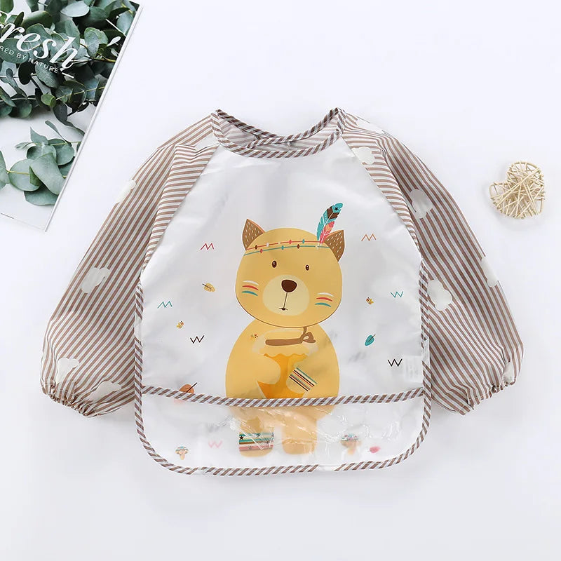 Long Sleeve Baby Bib with Pocket - Cartoon Waterproof Apron for 0-3 Years