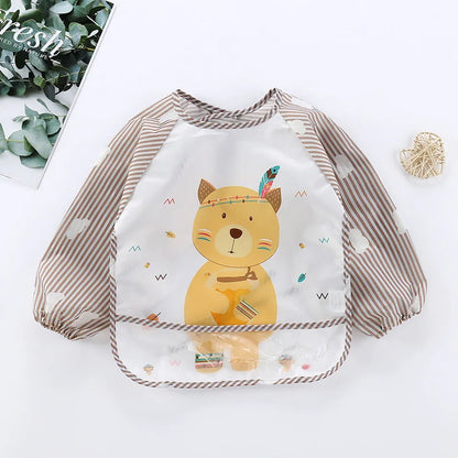 Long Sleeve Baby Bib with Pocket - Cartoon Waterproof Apron for 0-3 Years