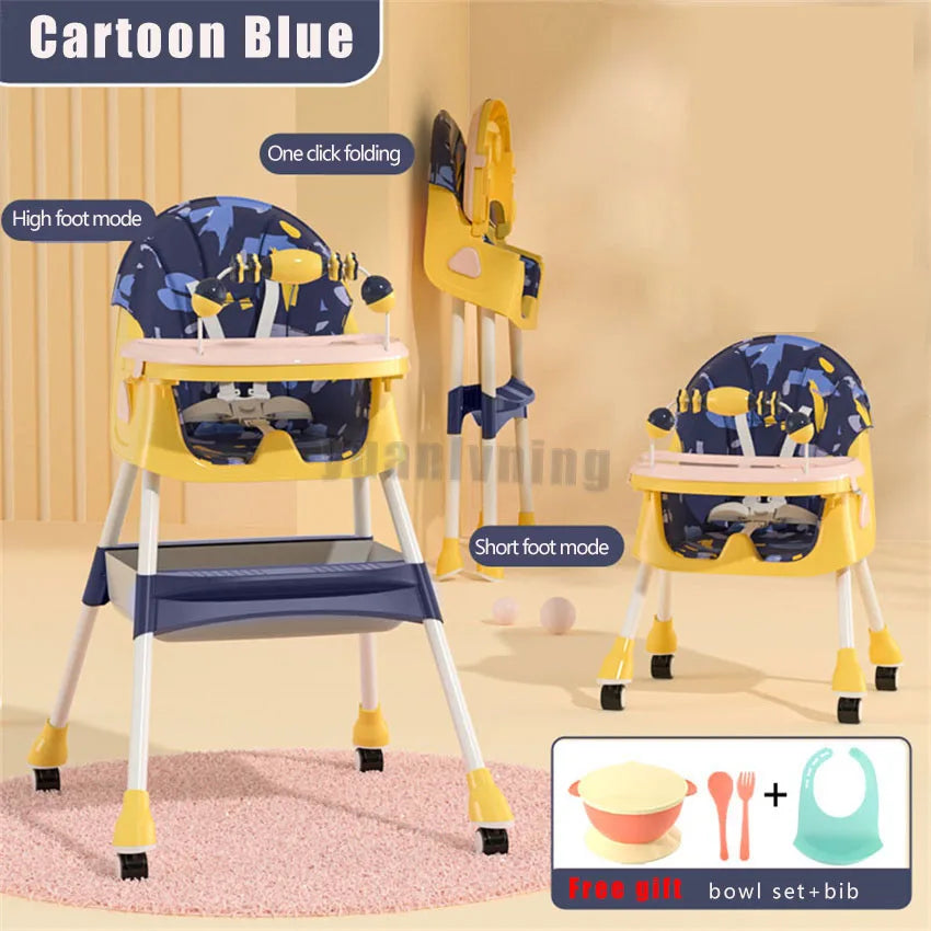 Cartoon blue baby high chair with folding mechanism on a beige background