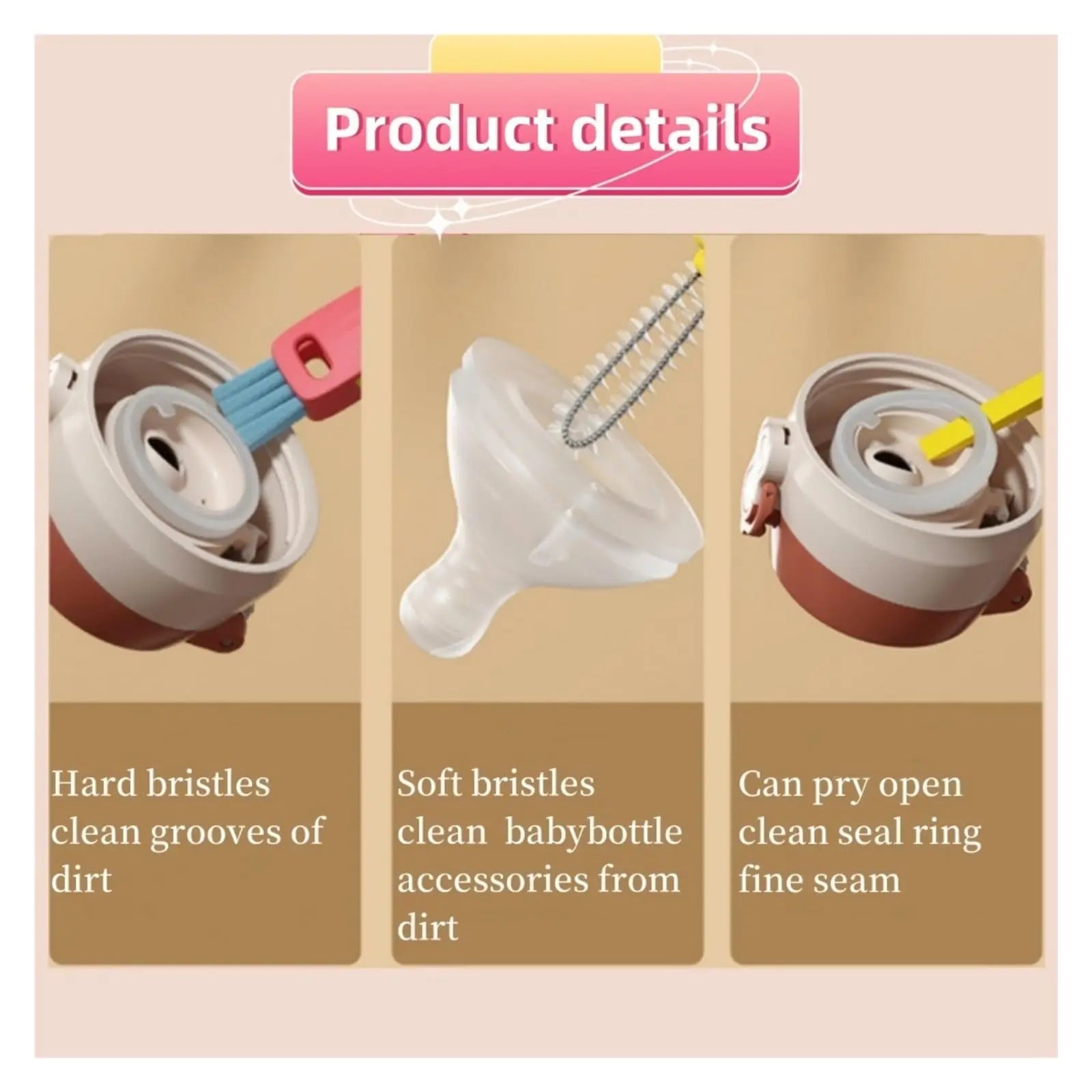 Three cleaning tools with different bristle types and uses on a beige background.