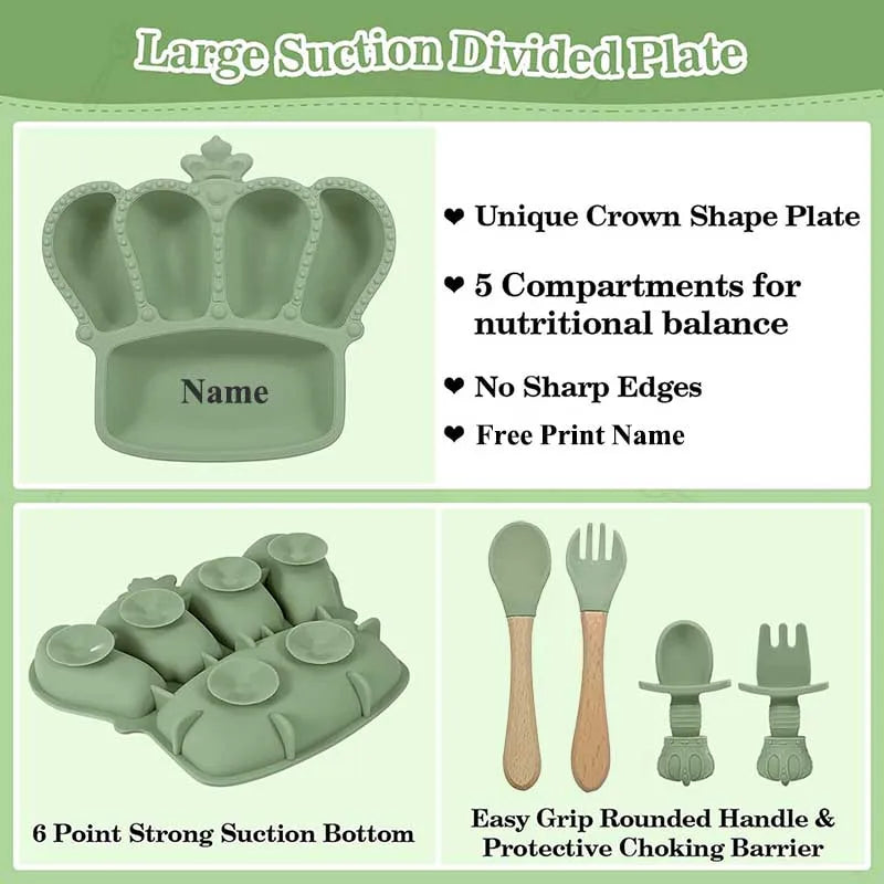 8-Piece Silicone Baby Feeding Set | Crown Plate with Suction Bowl | BPA-Free Tableware