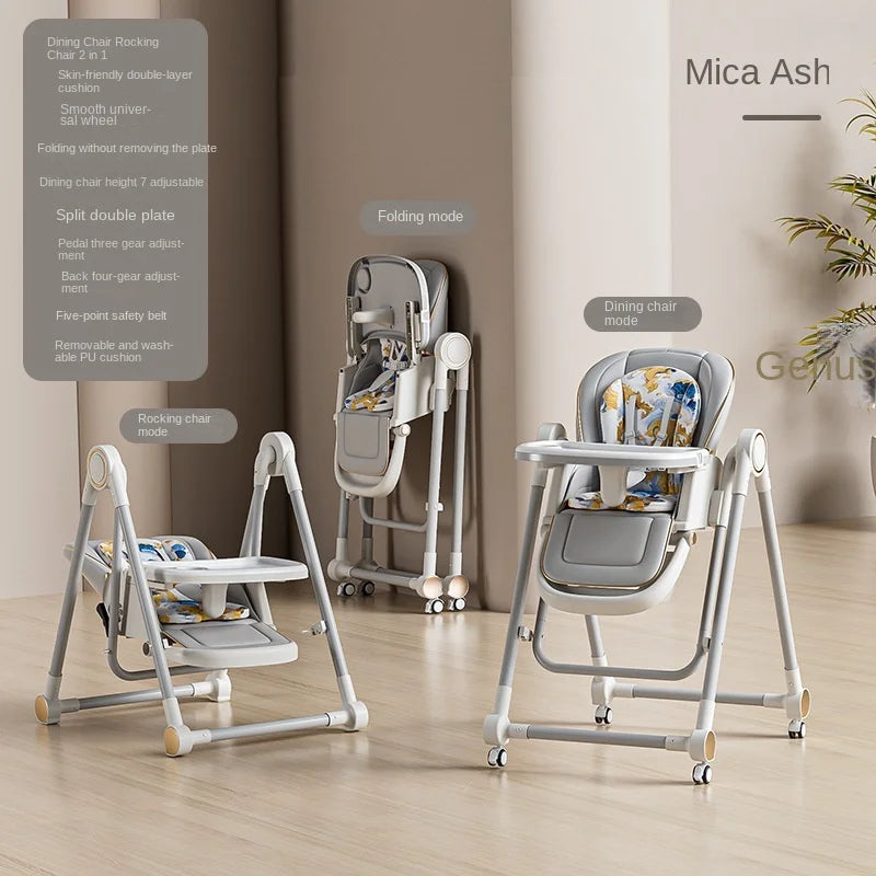 Baby high chairs in various modes on a wooden floor with a neutral background