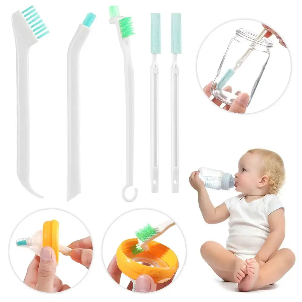 Cleaning tools for bottles and straws with a child using a bottle.