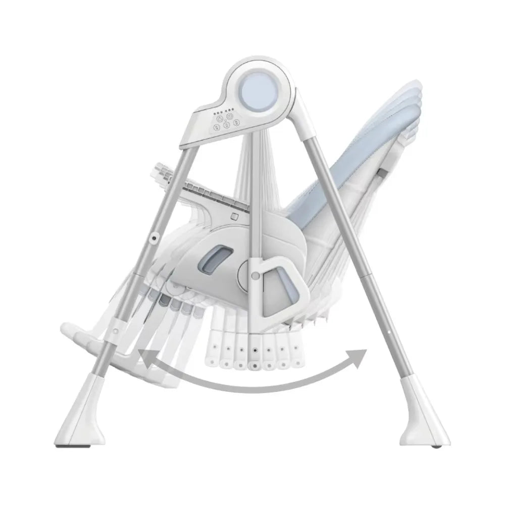 White baby swing with blue accents on a white background