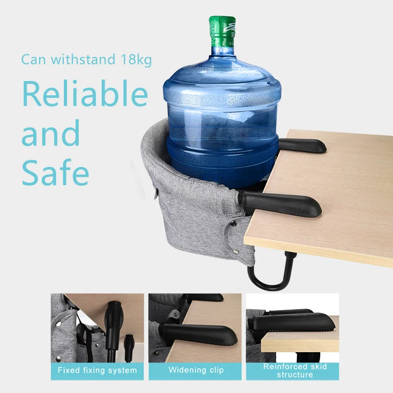 Chair armrest with water bottle holder holding a large water bottle, text indicating capacity and safety features.