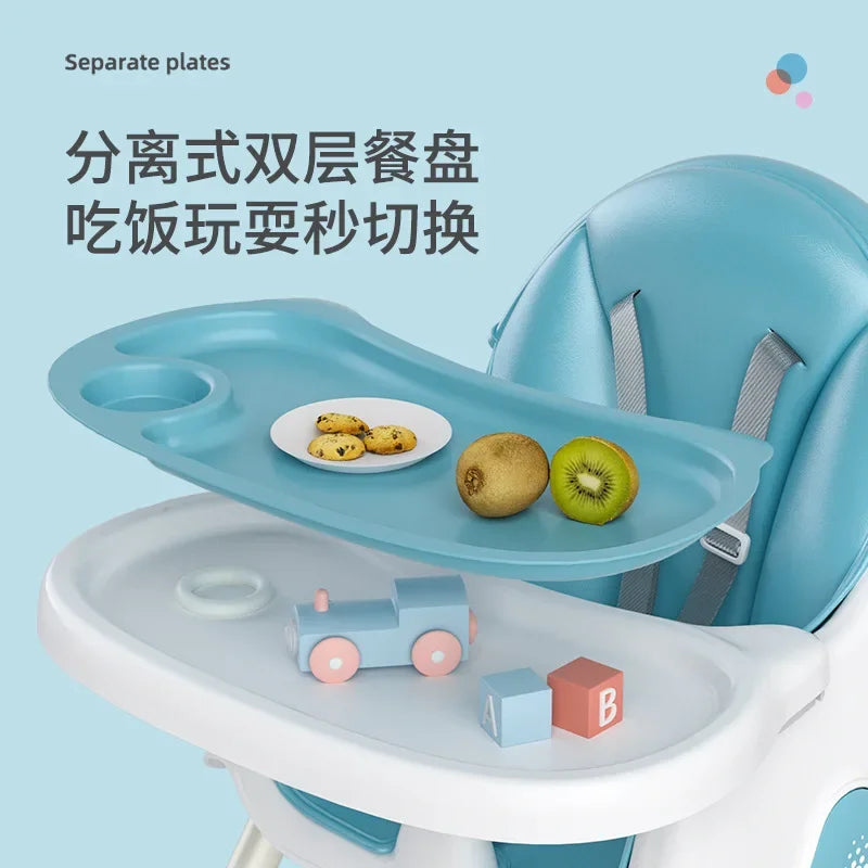 Blue baby high chair with tray, food, and toys on a light blue background