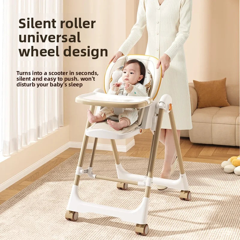 Baby high chair with silent roller design, child sitting inside, woman holding it.