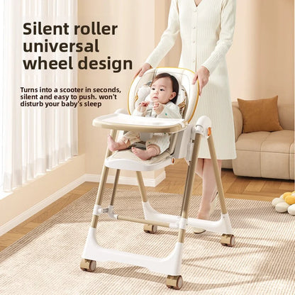 Baby high chair with silent roller design, child sitting inside, woman holding it.