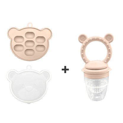 Set of bear-shaped silicone molds and a baby teether on a white background
