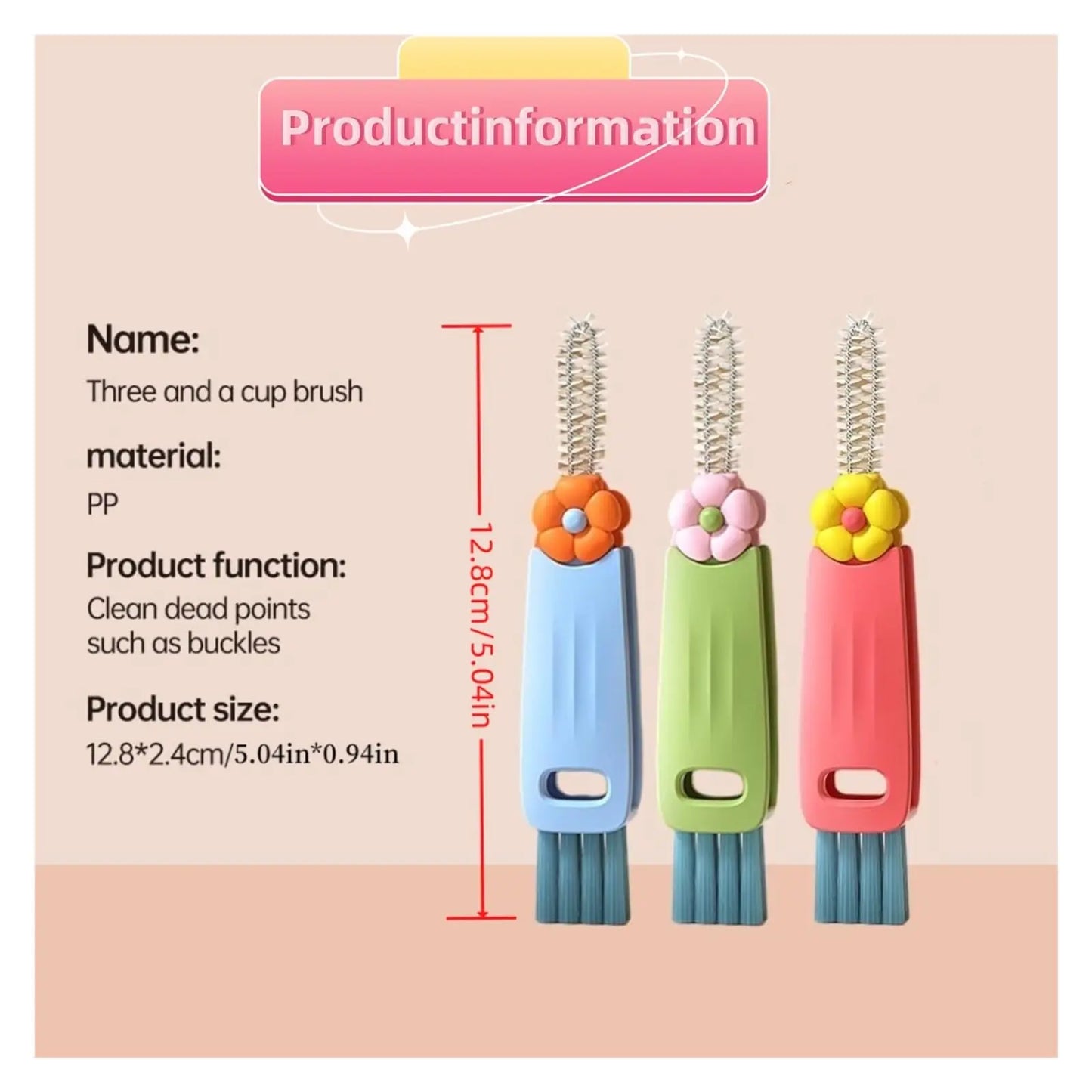 Three colorful brushes with floral designs on a beige background, accompanied by product information text.