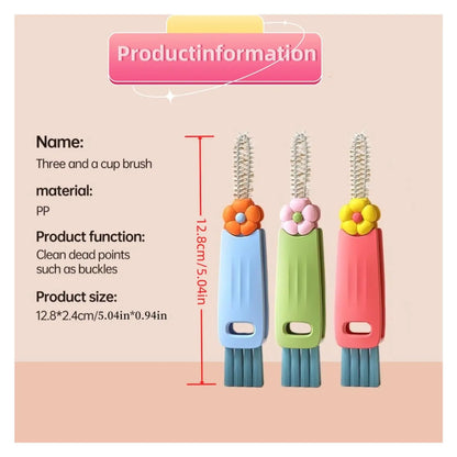 Three colorful brushes with floral designs on a beige background, accompanied by product information text.