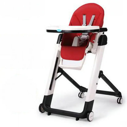 Red and white baby high chair on a white background