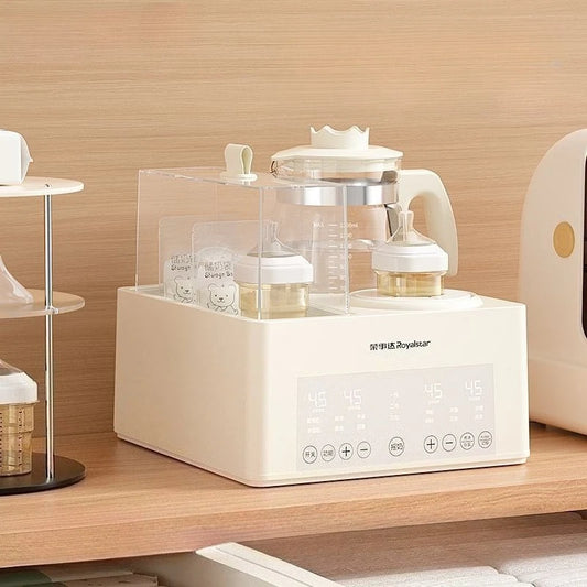 White kitchen appliance on a wooden surface with a neutral background