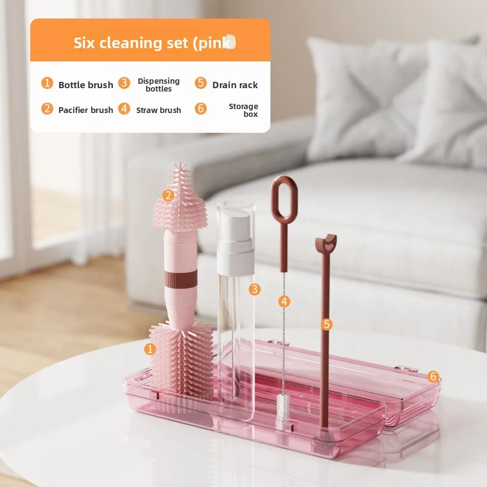 Travel Baby Bottle Cleaning Set - Portable Brush Kit with Storage & Drip Rack