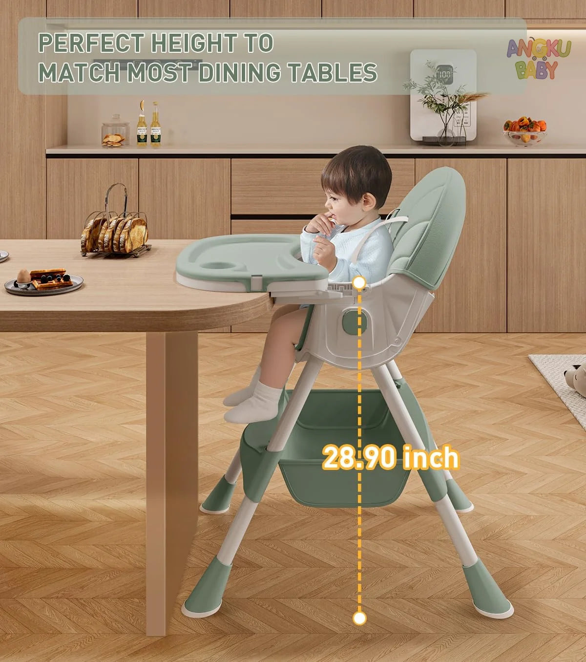 Child sitting in a green and gray high chair at a dining table with height measurement details.